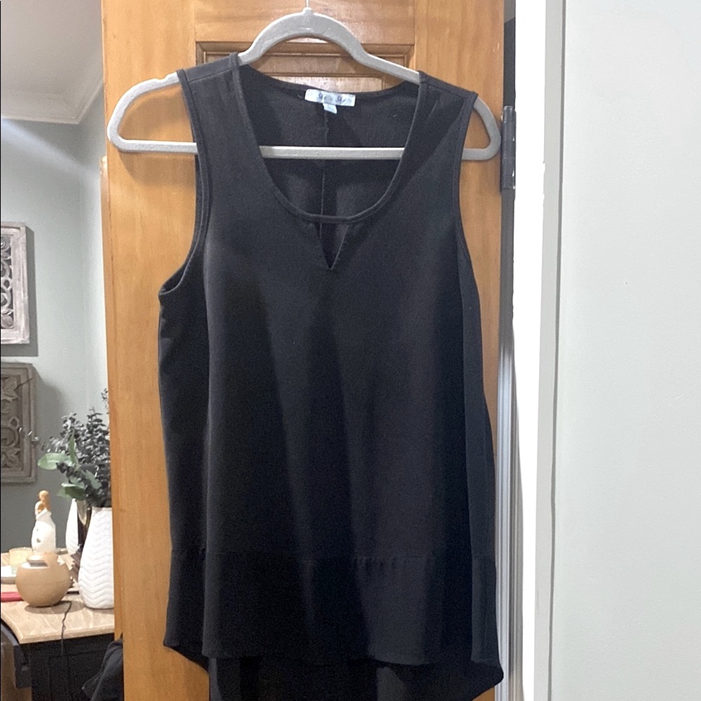 Black Sleeveless Faux Suede Tank Top with Chiffon Ruffle